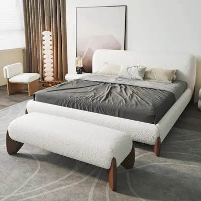 White Boucle Queen Platform Bed Frame with Matching Bench