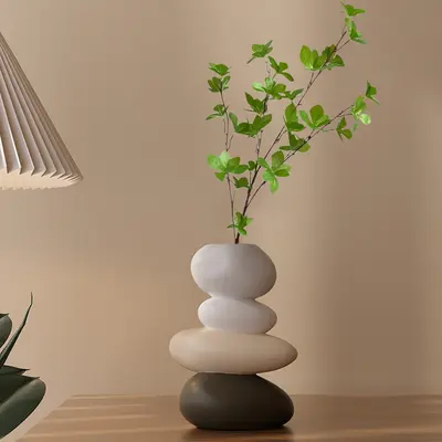 Resin Stacked Stone Base Vase with Artificial Tree Multicolor Faux Plastic Indoor Plant Decor Art