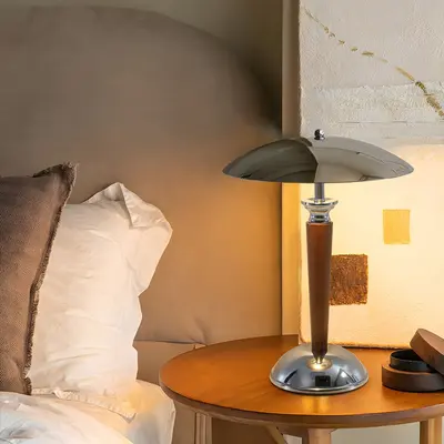 Mid Century Vintage Metal & Wood Table Lamp Chrome & Brown Office Lighting