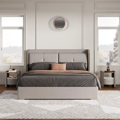 Light Gray Wingback King Bed Frame with 2 Nightstands