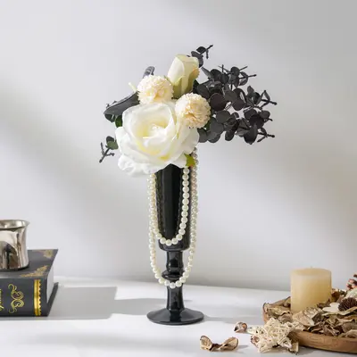 Modern Style Artificial Flowers with Pearls Jewelry Faux Flower in Glass Vase
