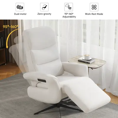 White Chenille Velvet Power Recliner, 360° Swivel view 3