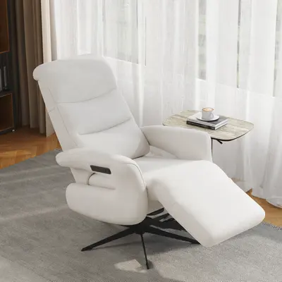 White Chenille Velvet Power Recliner, 360° Swivel view 2