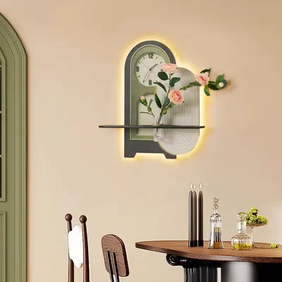 23.6'' Decorative LED Wall Clock in Deep Green and White with Glass Vase and Artificial Flowers, Modern Art-Inspired Wall Decor