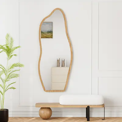 Freestanding Mirror with Wooden Frame in Dark Brown, Organic Shape, 160 cm High, Modern Style ???????? British English