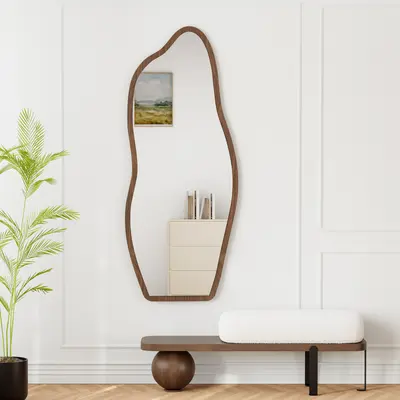 Freestanding Mirror with Wooden Frame in Dark Brown, Organic Shape, 160 cm High, Modern Style ???????? British English