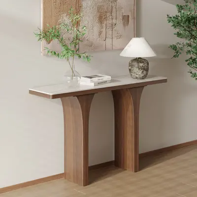 Travertine Top Walnut Console Table (55")