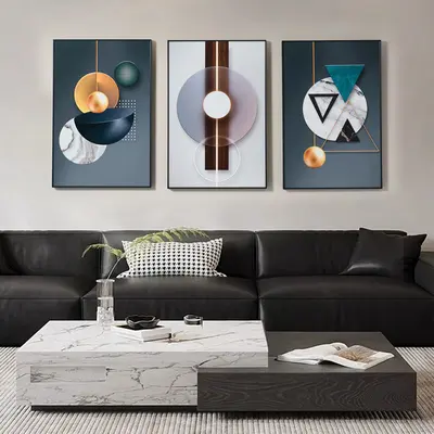3 Pieces Luxury Wall Decor Set With Black Frame Abstract Paintings in Living Room