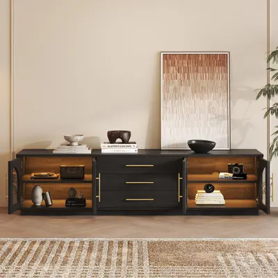 Arune 80" Black TV Stand, Arched Glass & LED view 3