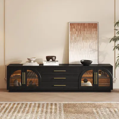 Arune 80" Black TV Stand, Arched Glass & LED view 2