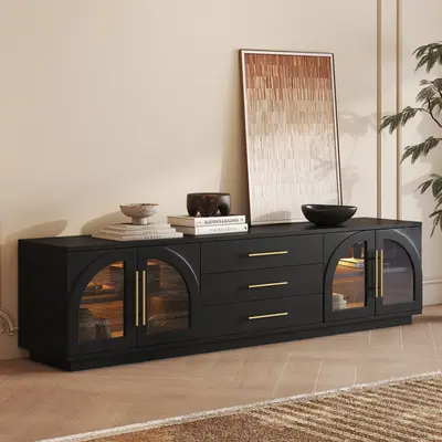 Arune 80" Black TV Stand, Arched Glass & LED view 2
