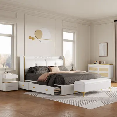 White Wingback King Platform Bed with Hidden Storage
