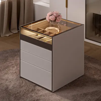 Saddle Leather 7-Drawer Walk-In Closet Island with Glass Top