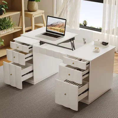 French Style Cream White Computer Desk with 6 Drawers (55")