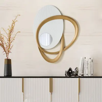 35.4" Art Deco Wall Hanging with Mirror, White & Gold, Radiant Design