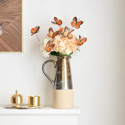 20.5" Artificial Flower Arrangement with Butterflies, Rustic Ceramic Vase with Handle