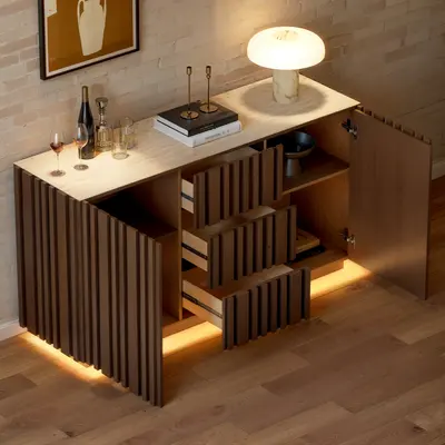 Aura 60" Faux-Travertine Buffet, Ash Slatted Front view 3