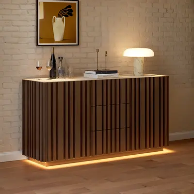 Aura 60" Faux-Travertine Buffet, Ash Slatted Front view 2