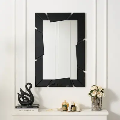 Black Wall Mirror 35.4" × 23.6", Engineered Wood Frame, Horizontal & Vertical Hanging