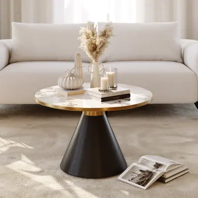 Modern Sintered Stone Round Coffee Table, Black & Charcoal