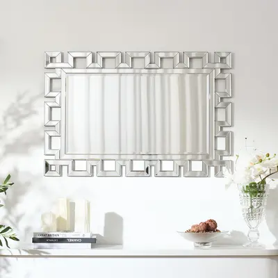Rectangular 35" Decorative Wall Mirror with Geometric Beveled Frame