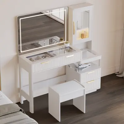 50" Fluted Makeup Vanity Set with Charger & LED Mirror