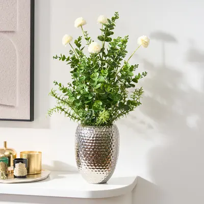 22.8" Artificial Floral Arrangement with Silver Electroplated Ceramic Vase