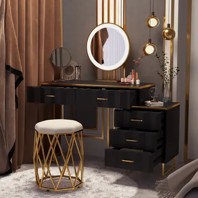 Modern Black Extendable Makeup Vanity Set with Mirror & Stool