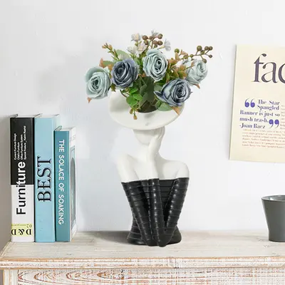 Sculptural Decorative Flower Arrangement, Resin Art Vase with 5-Head Artificial Roses