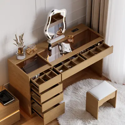 Modern Makeup Vanity Set with Lighted Vanity Mirror & Charging Station & Jewelry Storage Dressing Table