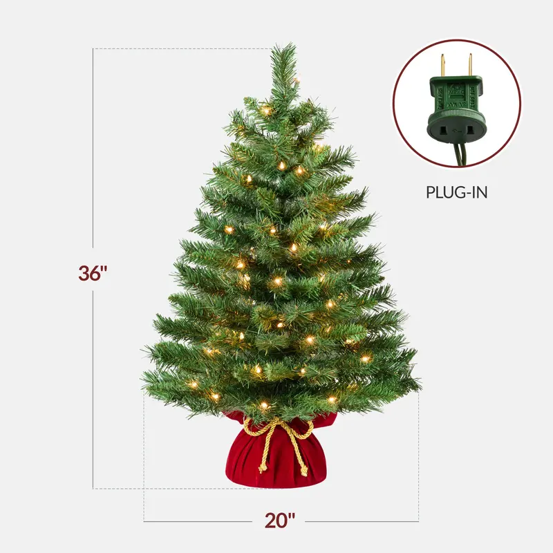 Pre-Lit Tabletop Tree with Red Velvet Base styled in a room