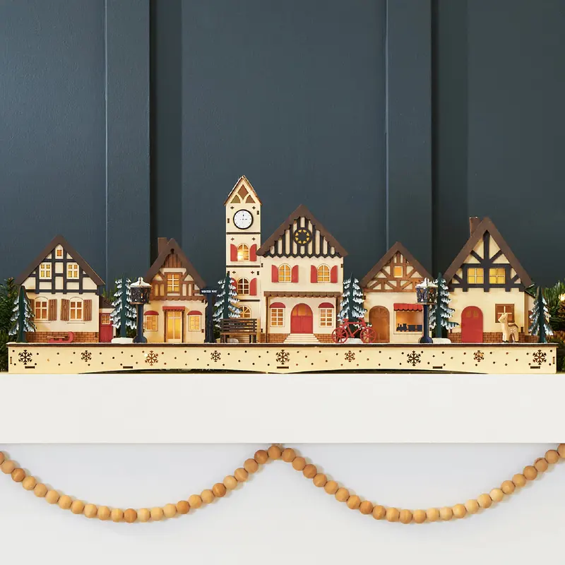Pre-Lit Wooden Christmas Village