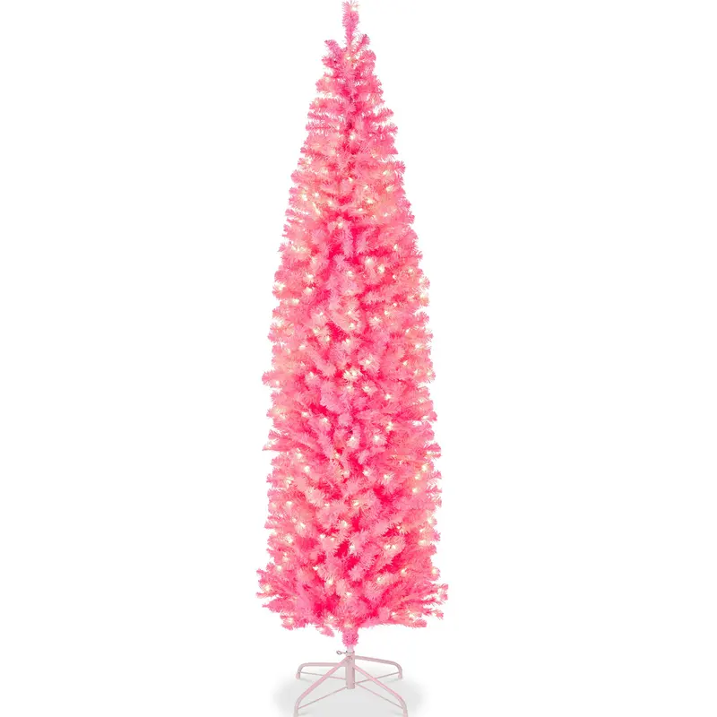 Pre-Lit Pink Artificial Pencil Holiday Tree styled in a room