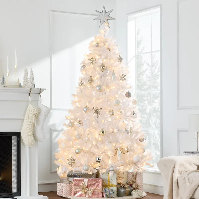 Pre-Lit White Tinsel Christmas Tree styled in a room