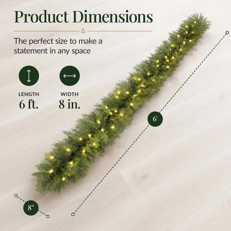 Realistic Cedar Cypress Garland with Twinkling Lights styled in a room