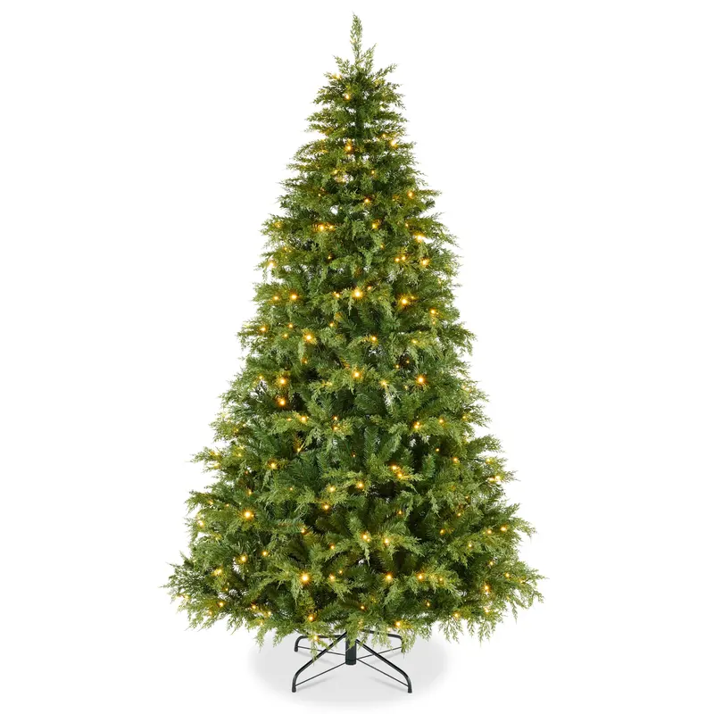 Pre-Lit Cedar Cypress Christmas Tree styled in a room