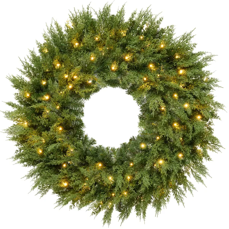 Realistic Cedar Cypress Wreath with Twinkling Lights