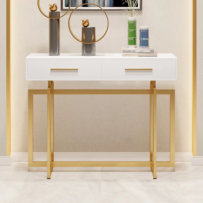 White Narrow Console Table with Storage Drawers (40") styled in a room