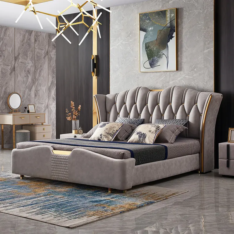 Light Gray Button-Tufted King Bed with Wingback Headboard styled in a room