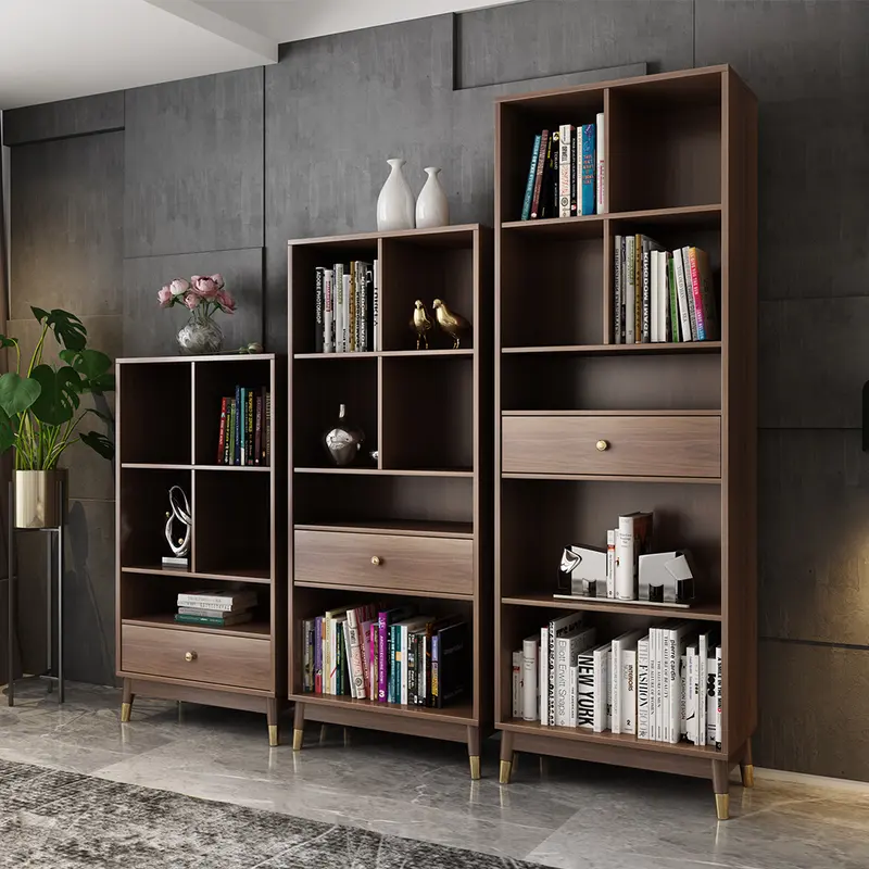 Walnut Bookshelf with Metal Frame and Drawer styled in a room