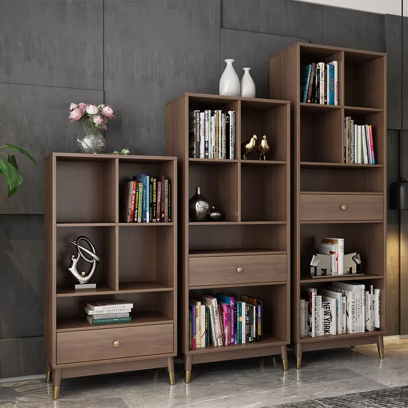 Walnut Bookshelf with Metal Frame and Drawer styled in a room