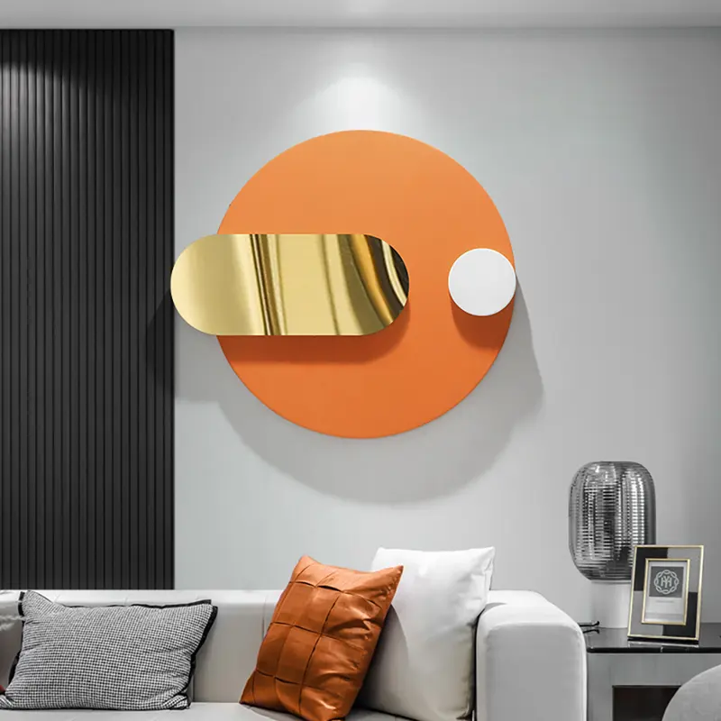Geometric Orange & Gold Metal Wall Decor styled in a room