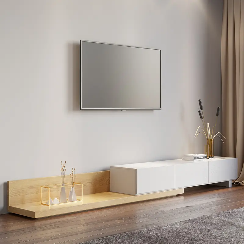Natural Wood and White Extendable Floor Media Console