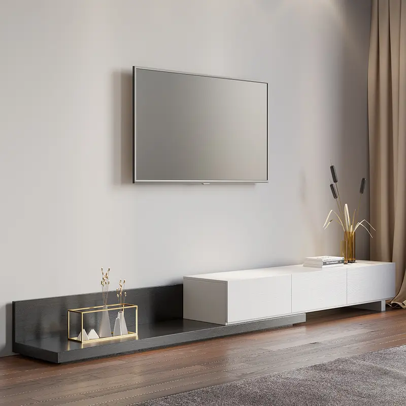 Crator Extendable Modern TV Stand with 3 Drawers styled in a room