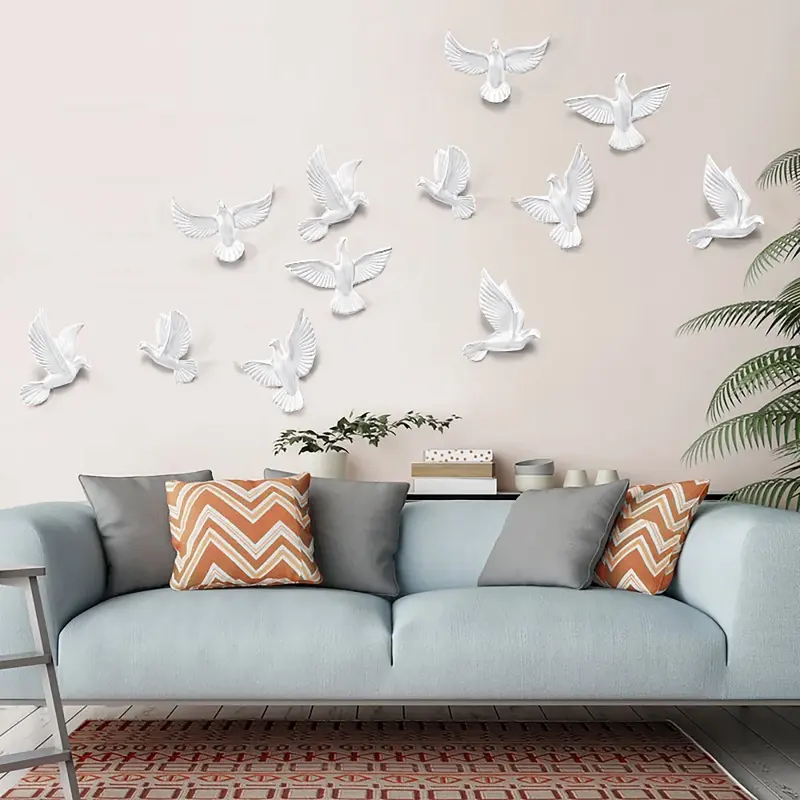 White & Silver Flocking Birds Wall Decor Set, 6 Piece styled in a room