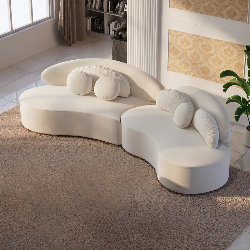 Curved Beige Velvet Modular Sectional Sofa (118") styled in a room