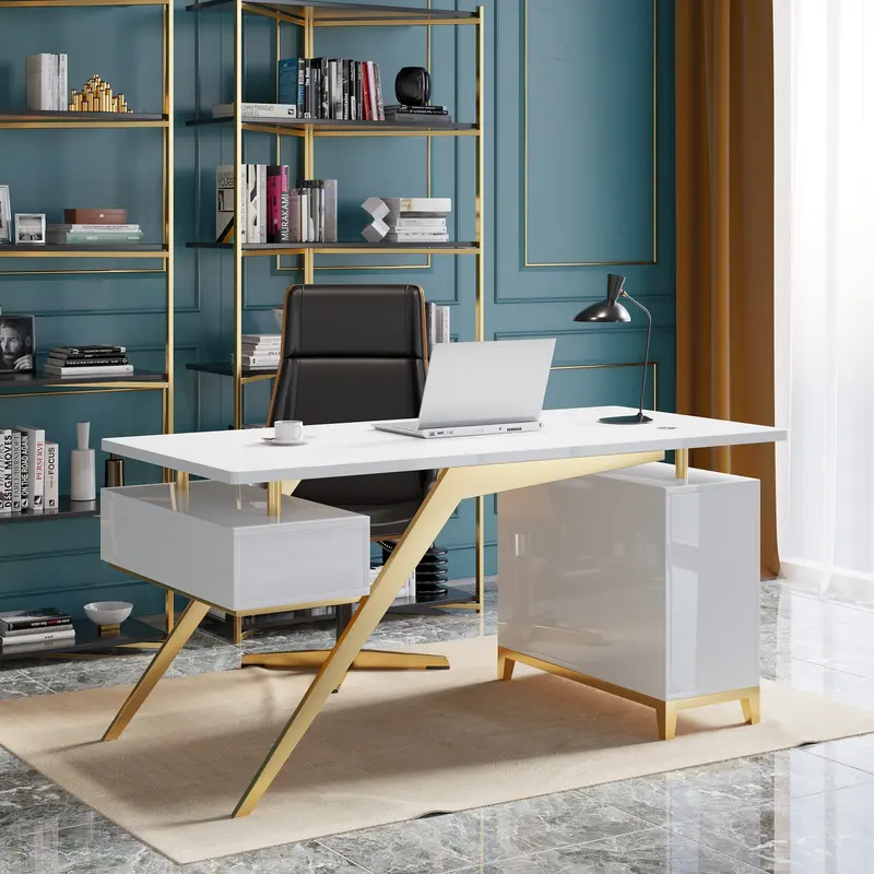 White Executive Home Office Desk with Storage (55") styled in a room