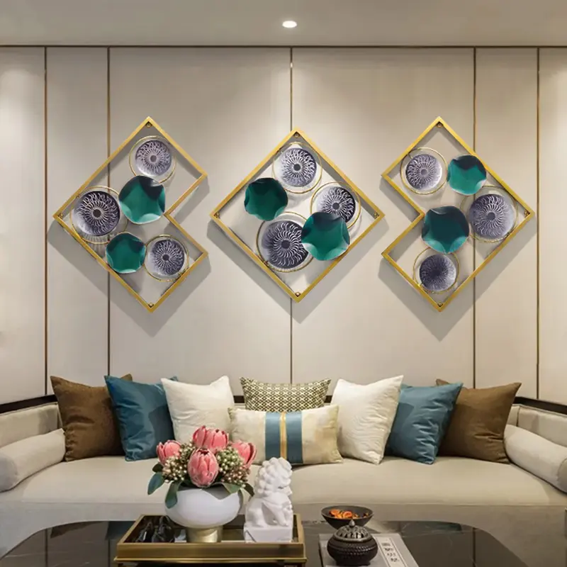 Lotus Leaves Metal Wall Decor, Gold Frame, Set of 3 styled in a room