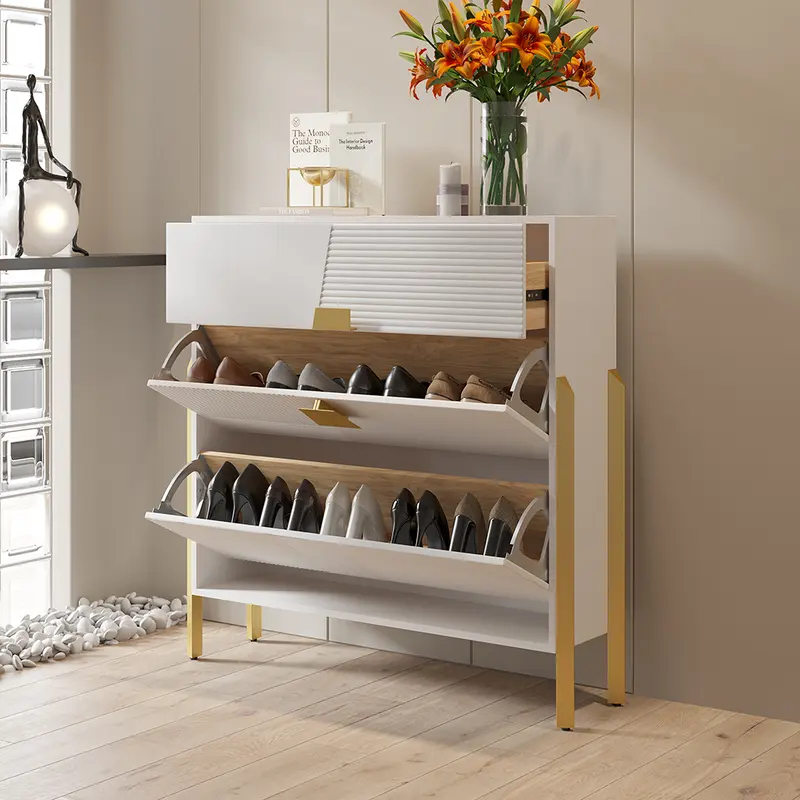 Modern Narrow White Entryway Shoe Storage Cabinet (10 Pairs) styled in a room