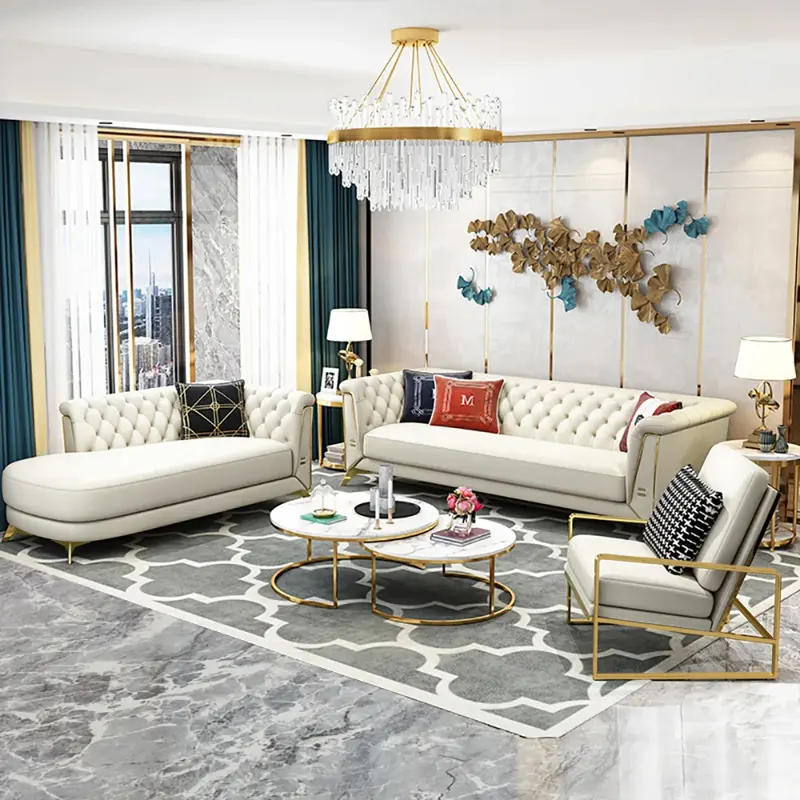 Modern Off-White Chesterfield Sofa Set with Chaise Lounge